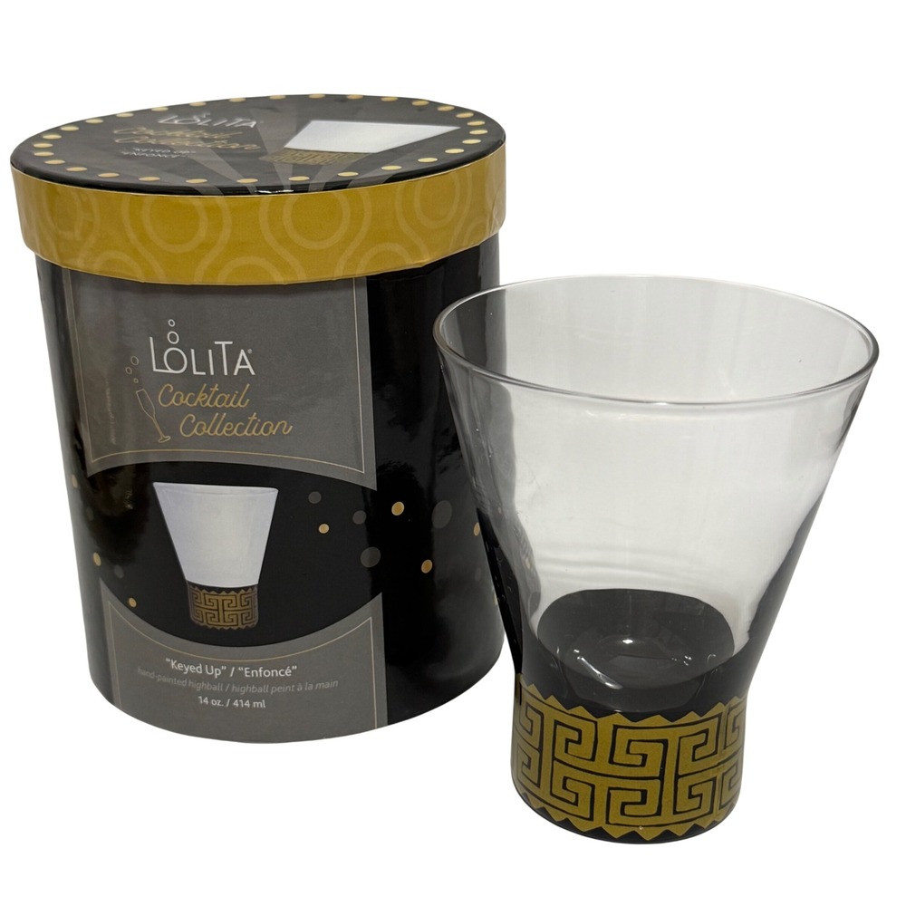 Lolita "Keyed Up" Hand Painted Highball Cocktail Glass 14oz Greek Key Gold Black